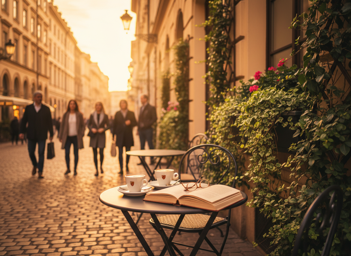 European cafe street scene at golden hour with coffee and an open book on a small table