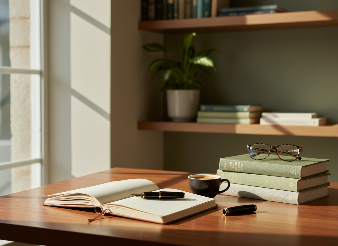 Warm boutique study desk with notebook, fountain pen, espresso, and books in soft window light